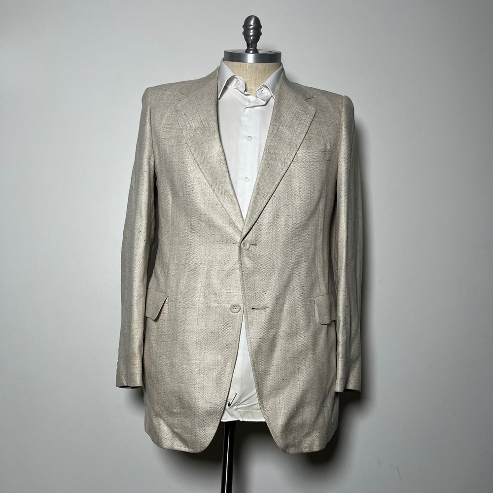 Kuppenheimer Blazer Mens 44L Beige Herringbone Two Button Silk Blend Vintage USA